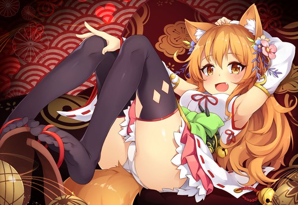 Anime picture 2348x1620 with original 3.14 single long hair looking at viewer blush fringe highres open mouth light erotic blonde hair smile hair between eyes brown eyes animal ears full body bent knee (knees) tail traditional clothes japanese clothes