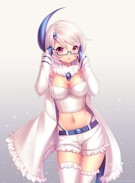 Anime picture 919x1246 with pokemon nintendo absol hyanna-natsu single tall image short hair breasts simple background smile red eyes large breasts standing white background white hair grey background bare belly adjusting glasses gen 3 pokemon girl