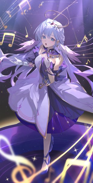 Anime picture 2903x5665 with honkai: star rail honkai (series) robin (honkai: star rail) gosmfl single long hair tall image fringe highres breasts open mouth blue eyes hair between eyes standing bare shoulders looking away silver hair full body :o head wings