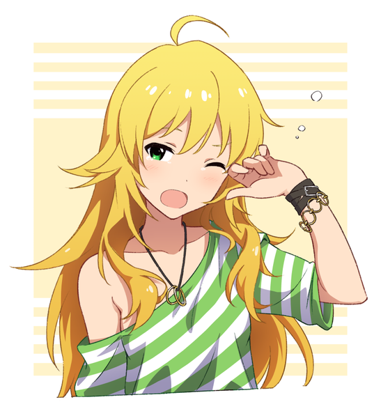 Anime-Bild 830x911 mit idolmaster idolmaster (classic) hoshii miki amochin single long hair tall image looking at viewer blush fringe open mouth simple background blonde hair green eyes upper body ahoge one eye closed arm up off shoulder short sleeves