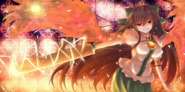 Anime picture 2961x1473 with touhou reiuji utsuho hazuki ruu long hair highres black hair red eyes wide image arm cannon girl bow weapon hair bow wings