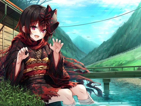 Anime picture 3000x2250 with ayakashi kyoushuutan hasumi (hasubatake39) single looking at viewer blush highres short hair open mouth black hair smile sitting sky cloud (clouds) outdoors red hair traditional clothes :d japanese clothes pink eyes multicolored hair