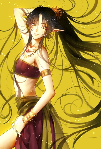 Anime picture 1181x1748 with rg veda clamp ashura tayuya1130 long hair tall image black hair red eyes bare shoulders ponytail very long hair light smile pointy ears hand on hip yellow background otoko no ko boy bracelet pendant