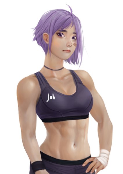 Anime picture 1920x2716 with original fore farlone (jubi) jubi (regiana) single tall image looking at viewer blush highres short hair breasts light erotic white background purple eyes signed purple hair ahoge upper body realistic hand on hip dark skin