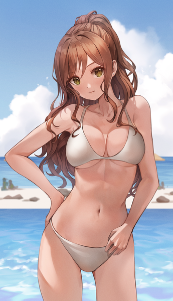 Anime picture 2248x3912 with bang dream! imai lisa lunacle single long hair tall image looking at viewer blush fringe highres breasts light erotic hair between eyes brown hair large breasts green eyes sky cloud (clouds) outdoors ponytail