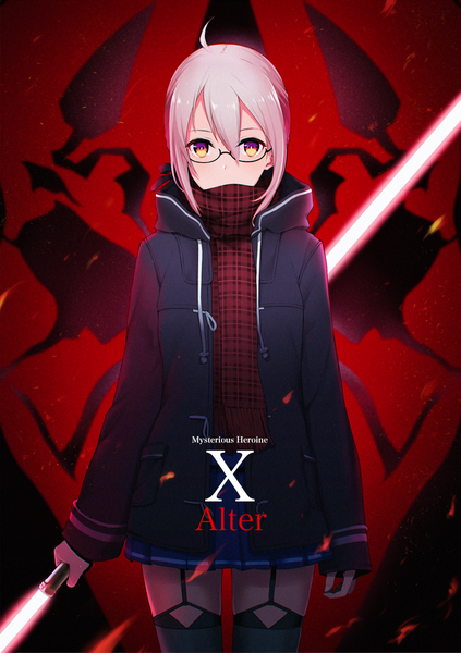 イラスト 798x1131 と Fateシリーズ fate/grand order star wars アルトリア・ペンドラゴン 謎のヒロインxオルタ mysterious heroine x alter (first ascension) (fate) darth maul デカ・プリ夫 ソロ 長身像 カメラ目線 前髪 短い髪 hair between eyes 立つ 黄色眼 銀髪 アホ毛 pleated skirt character names