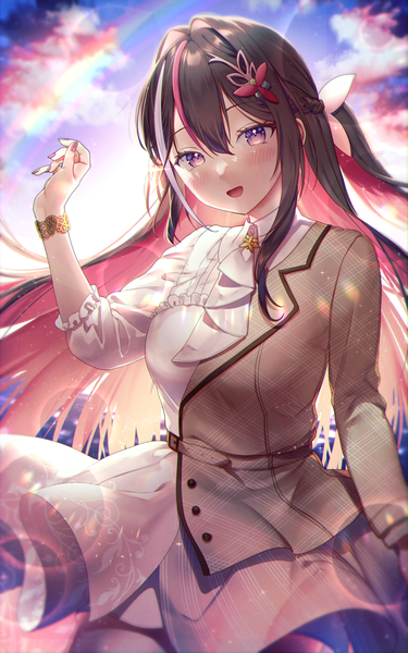 Anime picture 1563x2500 with virtual youtuber hololive azki (hololive) azki (4th costume) (hololive) kirisaki shuusei single long hair tall image blush fringe open mouth hair between eyes brown hair purple eyes sky cloud (clouds) :d multicolored hair lens flare official alternate costume