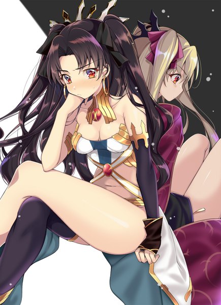 Anime picture 750x1034 with fate (series) fate/grand order ishtar (fate) ereshkigal (fate) akishima kei long hair tall image looking at viewer blush light erotic simple background blonde hair brown hair white background sitting multiple girls looking away profile arm support orange eyes