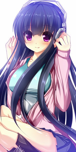 Anime picture 500x1000 with original syroh single long hair tall image looking at viewer blush black hair simple background white background purple eyes :p girl boots tongue headphones