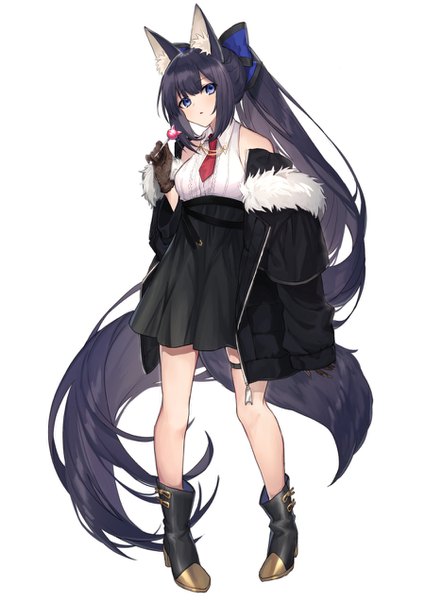 Anime picture 900x1271 with original coyucom single tall image looking at viewer blush fringe blue eyes black hair simple background hair between eyes standing white background holding animal ears payot full body ponytail very long hair off shoulder