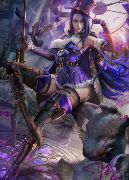Anime-Bild 2600x3600 mit league of legends caitlyn (league of legends) sakimichan single long hair tall image looking at viewer highres breasts blue eyes light erotic large breasts sitting holding purple hair full body bent knee (knees) arm up realistic armpit (armpits)
