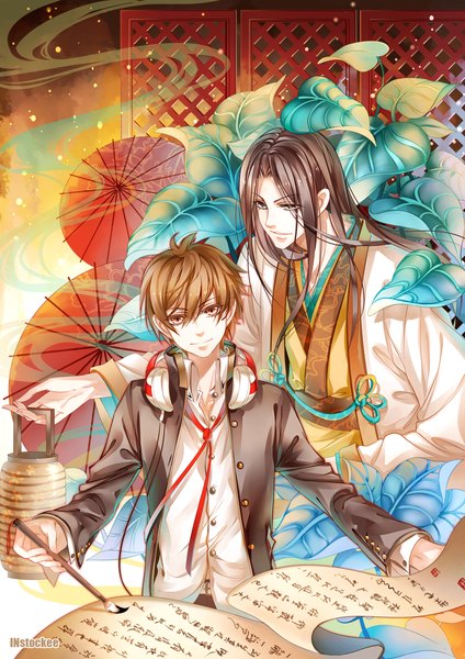 Anime picture 1414x2000 with instockee long hair tall image short hair smile red eyes brown hair signed traditional clothes japanese clothes aqua eyes multiple boys hieroglyph smoke headphones around neck writing boy uniform plant (plants) school uniform