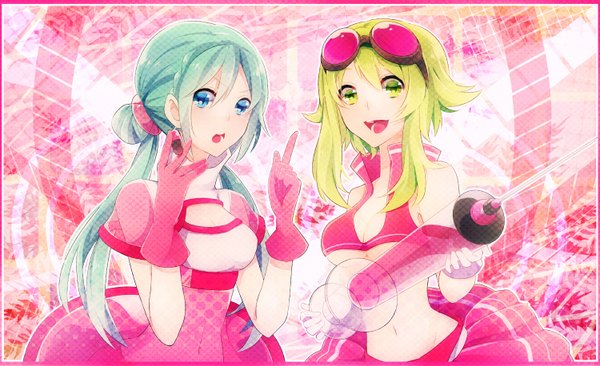 Anime picture 1500x915 with vocaloid hatsune miku gumi achiki long hair short hair breasts open mouth blue eyes light erotic wide image twintails bare shoulders multiple girls green eyes green hair aqua hair nurse girl gloves