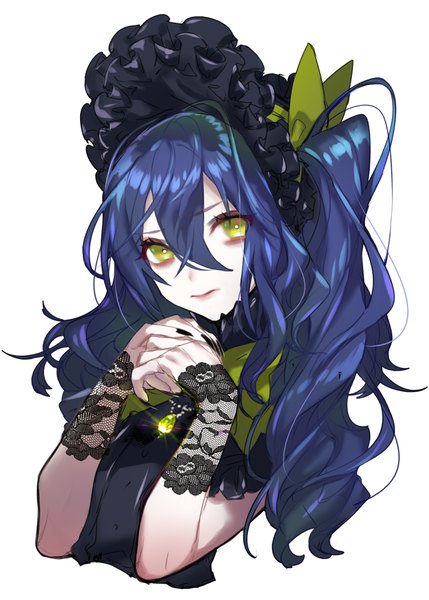 Anime picture 946x1324 with original loalo single long hair tall image looking at viewer fringe simple background smile hair between eyes white background green eyes blue hair upper body nail polish fingernails floral print portrait wavy hair long fingernails