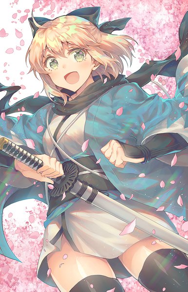 Anime picture 800x1243 with fate (series) koha-ace okita souji (fate) (all) okita souji (koha-ace) g.t single tall image short hair open mouth blonde hair green eyes ahoge traditional clothes :d japanese clothes zettai ryouiki cherry blossoms half updo shinsengumi girl