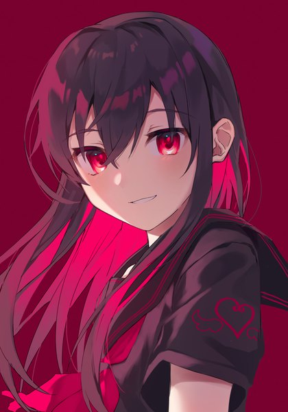 Anime picture 2100x3000 with original kurobikari single long hair tall image looking at viewer fringe highres black hair simple background smile hair between eyes red eyes upper body red hair multicolored hair shaded face colored inner hair red background girl