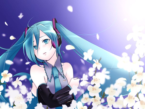 Anime picture 1280x960 with vocaloid hatsune miku caffein twintails aqua eyes aqua hair wallpaper girl flower (flowers) detached sleeves