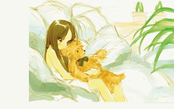 Anime picture 1920x1200 with littlewitch oyari ashito single long hair highres brown hair wide image sitting wallpaper sketch girl toy stuffed animal stuffed toy teddy bear