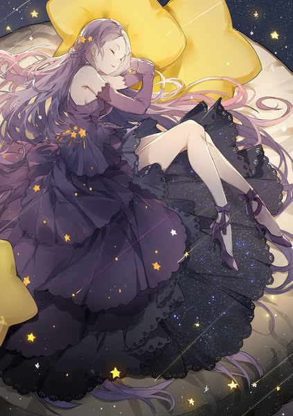 Anime picture 800x1134 with miracle nikki nine (liuyuhao1992) single tall image purple hair full body bent knee (knees) lying eyes closed very long hair profile light smile sparkle legs on side sleeping shooting star starry sky print embryo's pose girl