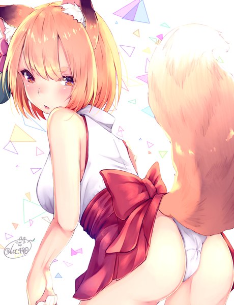 Anime picture 1536x2000 with original chita (ketchup) single tall image looking at viewer blush fringe short hair light erotic blonde hair brown eyes signed animal ears ass tail traditional clothes parted lips japanese clothes animal tail pleated skirt