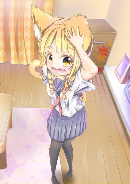 Anime picture 2893x4093 with setsufuro single long hair tall image looking at viewer blush fringe highres open mouth blonde hair standing animal ears yellow eyes tail braid (braids) animal tail pleated skirt from above short sleeves cat girl