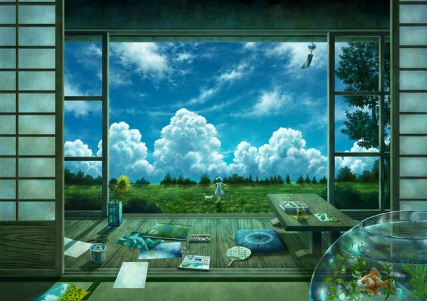 Anime picture 1158x818 with original fuumi (kazami) short hair black hair sky cloud (clouds) spread arms landscape scenic field drawing girl dress flower (flowers) plant (plants) hat animal tree (trees) window white dress