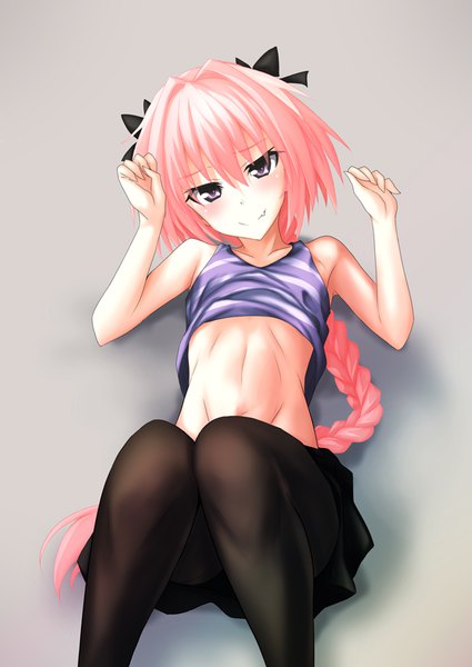 Anime-Bild 600x846 mit fate (series) fate/apocrypha astolfo (fate) nu (plastic eraser) single long hair tall image looking at viewer blush fringe light erotic simple background smile hair between eyes purple eyes bare shoulders pink hair lying braid (braids) head tilt