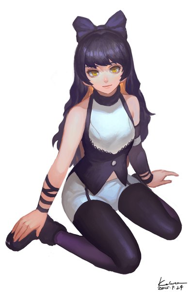 Anime picture 1063x1600 with rwby rooster teeth blake belladonna kalata single long hair tall image looking at viewer fringe black hair simple background white background yellow eyes girl bow hair bow pantyhose shoes