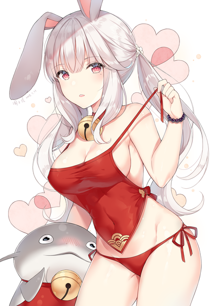 Anime picture 1124x1595 with final fantasy final fantasy xiv square enix viera ayuanlv single long hair tall image looking at viewer blush fringe breasts open mouth light erotic simple background hair between eyes red eyes large breasts standing white background