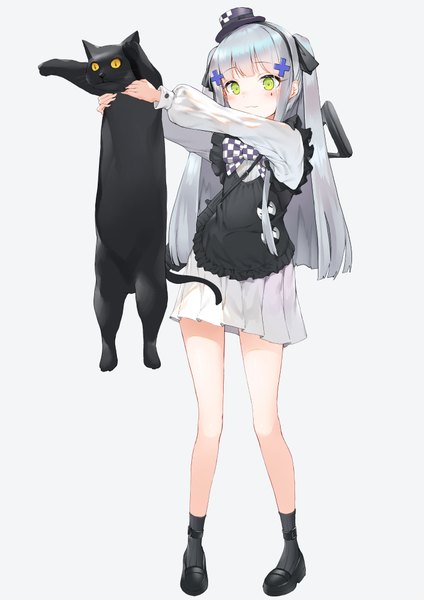 Anime picture 1414x2000 with girls frontline hk416 (girls frontline) hk416 (black kitty's gift) (girls frontline) lee seok ho single long hair tall image looking at viewer blush fringe simple background smile standing holding green eyes silver hair full body blunt bangs long sleeves grey background
