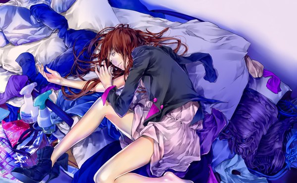 Anime picture 1909x1180 with original zunko (jun park) long hair highres brown hair wide image brown eyes lying single shoe girl jacket boots bed spray bottle