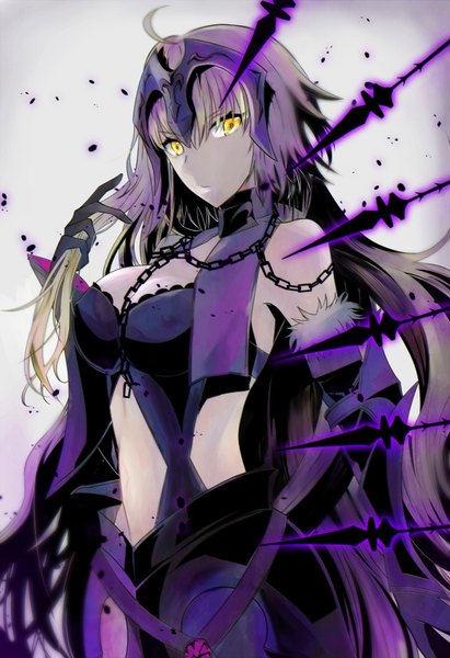Anime picture 666x972 with fate (series) fate/grand order jeanne d'arc (fate) (all) jeanne d'arc alter (fate) jeanne d'arc alter (avenger) (third ascension) (fate) niachi single long hair tall image looking at viewer fringe breasts light erotic simple background hair between eyes large breasts yellow eyes payot silver hair fur trim