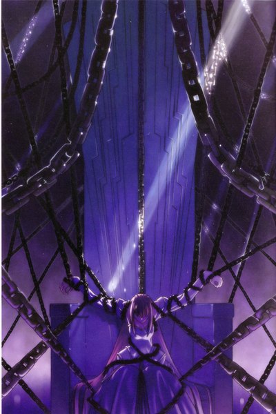 Anime picture 2048x3068 with shingetsutan tsukihime type-moon arcueid brunestud takeuchi takashi single long hair tall image highres blonde hair sitting eyes closed scan official art bondage girl dress chain throne