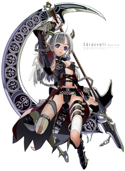 Anime picture 1230x1671 with original nakabayashi reimei single long hair tall image light erotic simple background white background purple eyes silver hair horn (horns) pointy ears grey hair girl weapon boots armor bikini top scythe