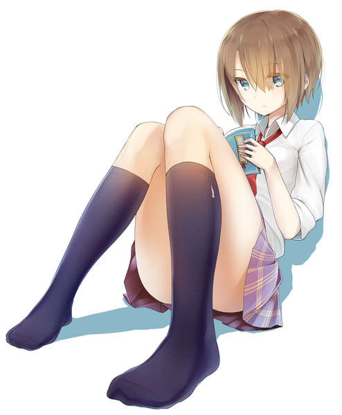 Anime picture 1980x2404 with original ninnzinn single tall image looking at viewer highres short hair blue eyes brown hair white background shadow legs girl skirt shirt socks black socks