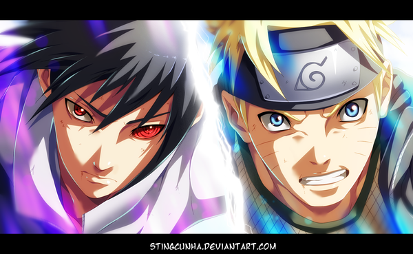 Anime picture 1900x1170 with naruto studio pierrot naruto (series) uzumaki naruto uchiha sasuke stingcunha highres short hair blue eyes black hair blonde hair red eyes wide image multiple boys heterochromia coloring facial mark light letterboxed close-up