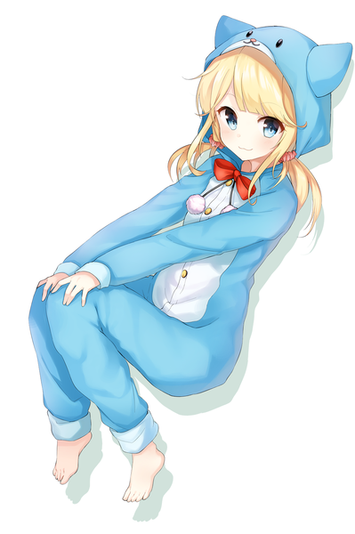 Anime picture 1000x1502 with original super nova (artist) single long hair tall image looking at viewer blush blue eyes simple background blonde hair white background twintails barefoot shadow low twintails :3 weightlessness girl hairband bowtie