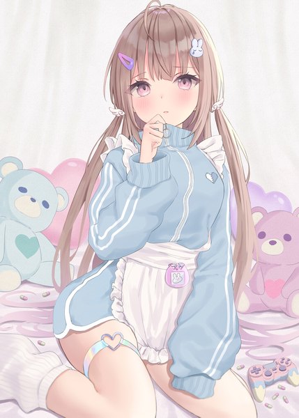 Anime picture 1500x2098 with original akino ell single long hair tall image looking at viewer blush simple background brown hair white background sitting ahoge pink eyes two side up hands in sleeves girl socks shorts hairclip thigh strap