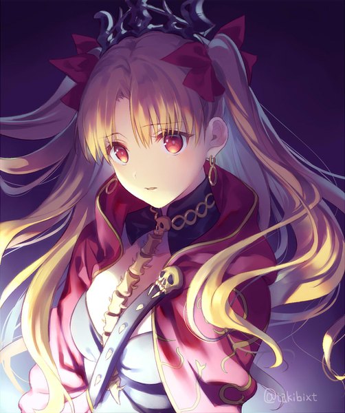Anime picture 1030x1232 with fate (series) fate/grand order ereshkigal (fate) takibixt single long hair tall image simple background blonde hair red eyes signed upper body two side up twitter username girl bow hair bow earrings tiara