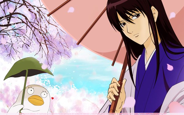 Anime picture 1920x1200 with gintama sunrise (studio) katsura kotarou elizabeth long hair highres brown hair wide image brown eyes signed japanese clothes wallpaper cherry blossoms vector boy petals heart leaf (leaves) umbrella leaf umbrella