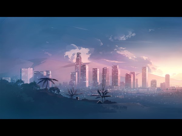 Anime picture 1280x960 with original seo tatsuya sky cloud (clouds) city evening sunset letterboxed cityscape no people city lights plant (plants) tree (trees) palm tree skyscraper
