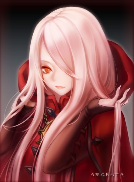 Anime picture 2480x3366 with dragon nest argenta (dragon nest) sunday haruko single long hair tall image looking at viewer fringe highres pink hair hair over one eye orange eyes girl hood