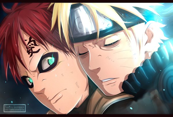 Anime picture 1500x1015 with naruto studio pierrot naruto (series) uzumaki naruto gaara kortrex short hair blonde hair red hair eyes closed aqua eyes multiple boys tattoo coloring facial mark glowing light letterboxed close-up face