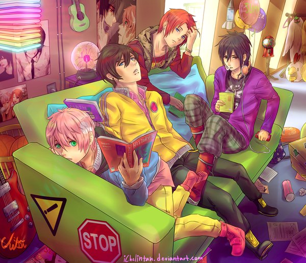 Anime picture 1024x881 with original hakuno shigeru short hair blue eyes black hair brown hair sitting holding brown eyes green eyes looking away pink hair red hair sunlight orange hair open clothes open jacket multiple boys piercing group