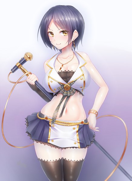 Anime picture 728x1000 with idolmaster idolmaster cinderella girls hayami kanade doyouwantto single tall image looking at viewer blush fringe short hair breasts light erotic simple background smile large breasts standing bare shoulders yellow eyes blue hair head tilt