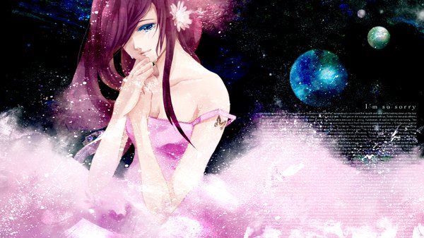 Anime picture 1520x855 with original atha29 single long hair looking at viewer fringe blue eyes smile wide image purple eyes bare shoulders hair flower hair over one eye tattoo tears crying space girl dress hair ornament