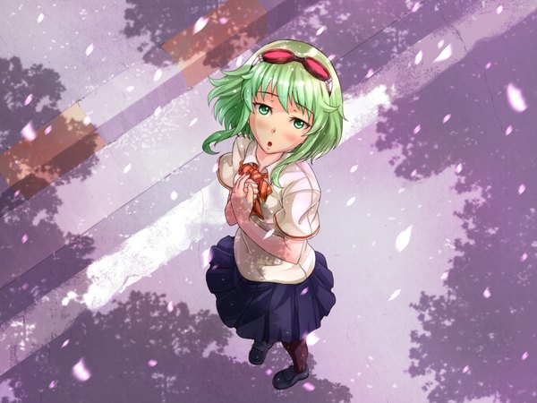 Anime picture 2048x1536 with vocaloid gumi kazeno single highres short hair green eyes green hair looking up girl skirt miniskirt shirt petals sunglasses