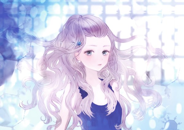 Anime picture 1200x844 with original felt (lidsan) single long hair looking at viewer blush blue eyes purple hair girl dress sundress