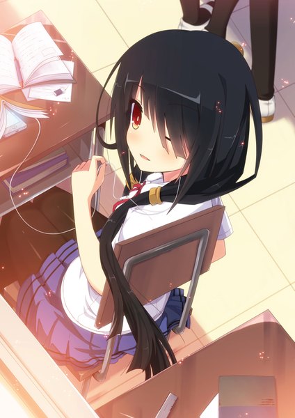 Anime picture 1273x1800 with date a live tokisaki kurumi uiu single long hair tall image looking at viewer fringe red eyes twintails one eye closed from above wink hair over one eye low twintails turning head classroom uneven twintails girl skirt