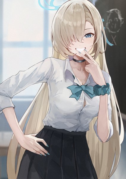 Anime picture 2480x3508 with blue archive asuna (blue archive) sensei (blue archive) doodle sensei (blue archive) jiang zhuti jiojio single long hair tall image fringe highres blue eyes light erotic blonde hair smile indoors nail polish hair over one eye hand on hip grin victory